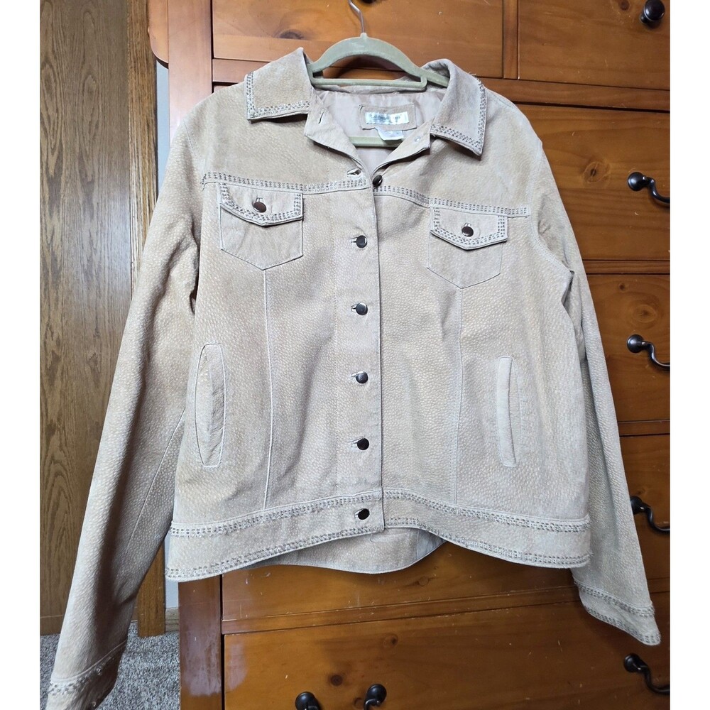 Coldwater Creek Suede Leather Jacket Size Large Tan Buttons Rhinestone Trim